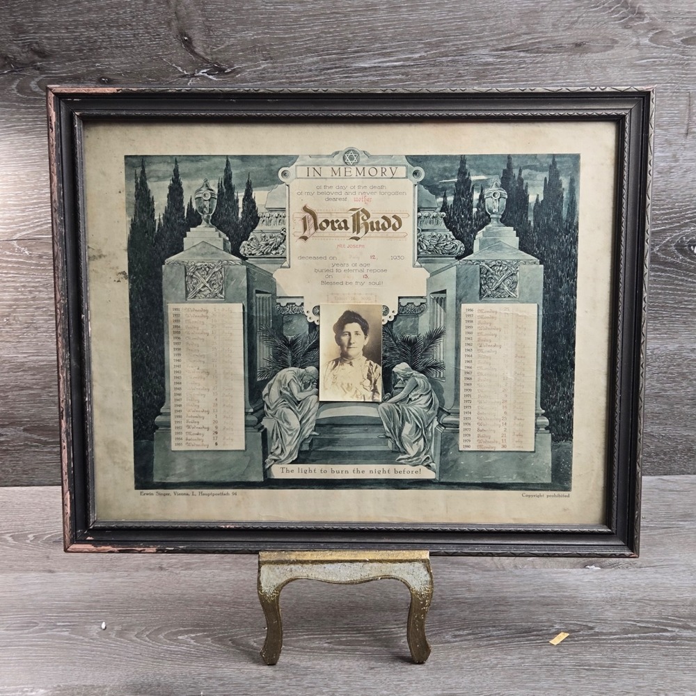 Antique 1930 Jewish Yahrzeit Memorial Certificate Framed Vienna Judaica Photo 18